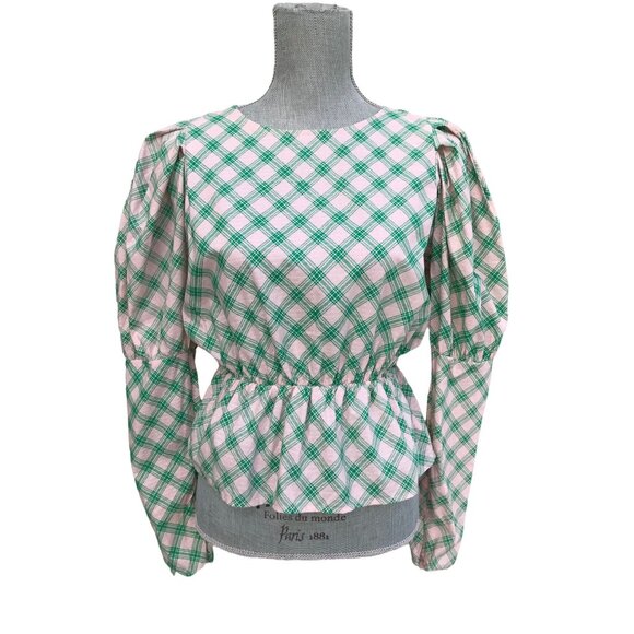Daisy Street Tops - Daisy Street Pink Plaid Cottagecore Peasant Peplum Top - Medium -
